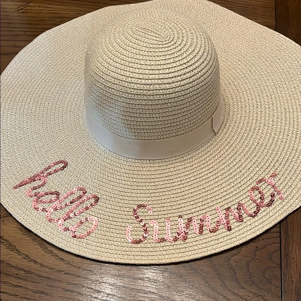 Beige Sun‎ Hat with Pink Sequins HELLO SUMMER
